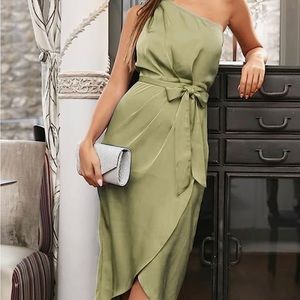NWT: One Shoulder Satin Belted Midi Dress